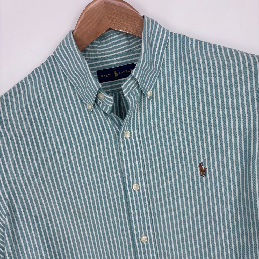 Polo Ralph Lauren Oxford Shirt Mens M Green White Striped Flesh Pony Preppy